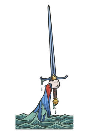 Hand holding a sword emerges from the water. Iconic scene from the Medieval European stories about King Arthur. Vintage color palette. EPS10 vector illustrationのイラスト素材