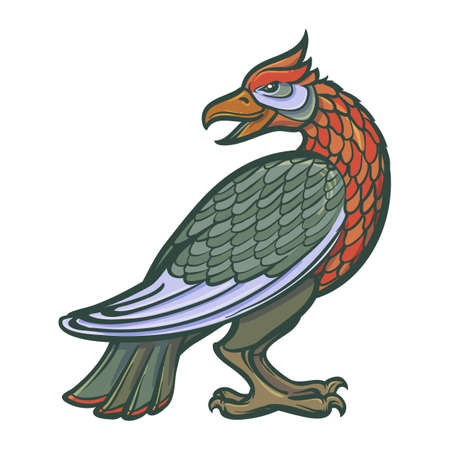 Decorative bird. Medieval gothic style concept art. Design element. Vintage color palette. Hand drawn image isolated on white background. EPS10 vector illustrationのイラスト素材
