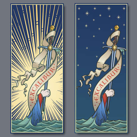 Hand holding a sword emerges from the water. Iconic scene from the Medieval European stories about King Arthur. Vintage color palette. Set of 2 vertical posters. EPS10 vector illustrationのイラスト素材
