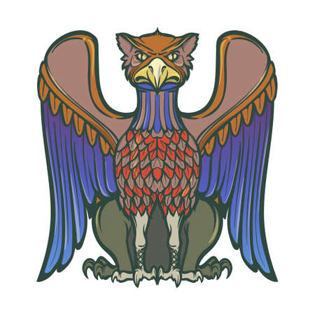 Decorative griffin. Medieval gothic style concept art. Design element. Vintage color palette. Hand drawn image isolated on white background. EPS10 vector illustrationのイラスト素材