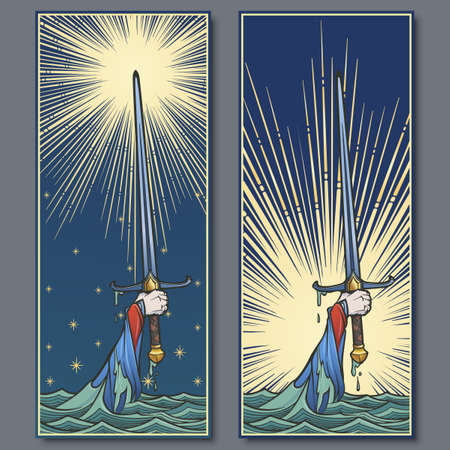 Hand holding a sword emerges from the water. Iconic scene from the Medieval European stories about King Arthur. Vintage color palette. Set of 2 vertical posters. EPS10 vector illustrationのイラスト素材