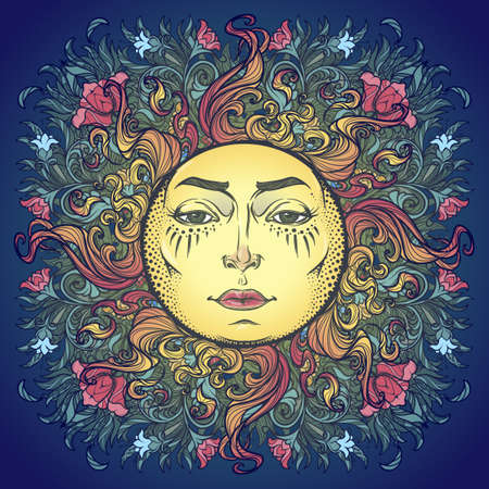 Decorative composition with stylized human faced sun, red poppies and bluebells. Medieval gothic style hand drawing isolated on a dark blue background. EPS10 vector illustrationのイラスト素材