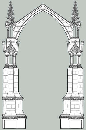 Medieval manuscript style rectangular frame. Gothic style pointed arch formed with flying buttresses. Vertical orientation. EPS10 vector illustrationのイラスト素材