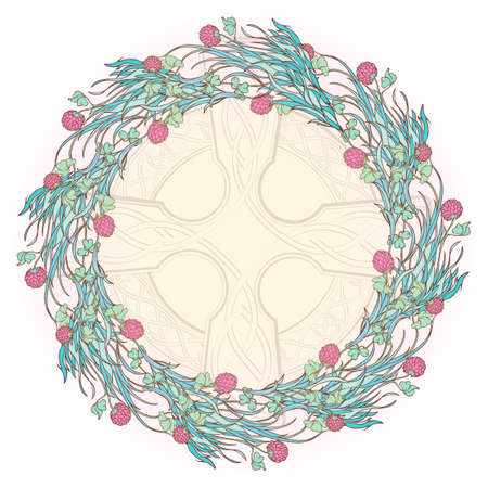 Decorative composition with red clover in bloom and celtic cross. St. Patrick's day festive design. EPS 10 vector illustrationのイラスト素材