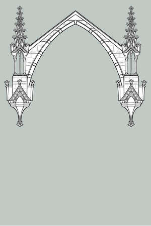 Medieval manuscript style rectangular frame. Gothic style pointed arch formed with flying buttresses. Vertical orientation. EPS10 vector illustrationのイラスト素材