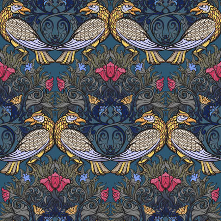 Decorative flower composition with stylized red poppies, bluebells and birds. Medieval gothic style seamless pattern. EPS10 vector illustrationのイラスト素材