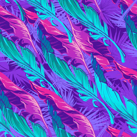 Banana plant leavs on a dark purple background. Tropical jungle. Seamless pattern with Irregular distribution of elements. Trendy 2019 colors. Diagonal rythm. EPS10 vector illustration.のイラスト素材