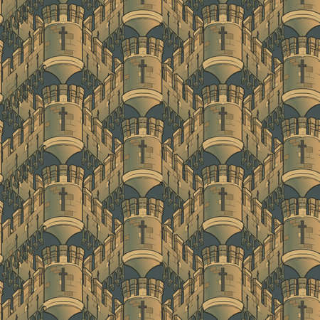 Medieval city architecture. Seamless pattern in a style of a medieval tapestry or illuminated manuscript. EPS10 vector illustrationのイラスト素材