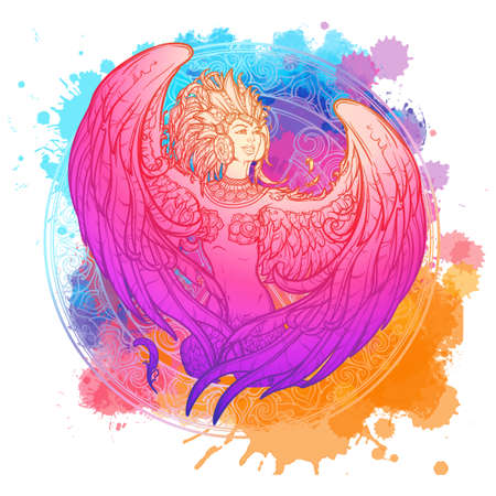 Sirin - half-woman half-bird in Russian myths and fairy tales. Singing and laughing. Intricate linear drawing isolated on watercolor textured background. Tattoo design. EPS10 vector drawing.のイラスト素材