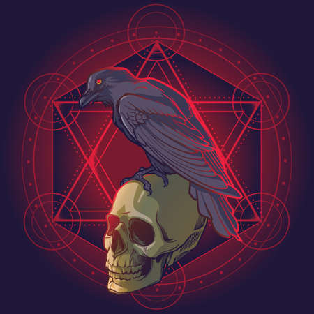 Human skulls and Crow. Solomon Star on a background. Conceptual art, tattoo or tarot card design. EPS10 vector illustrationのイラスト素材
