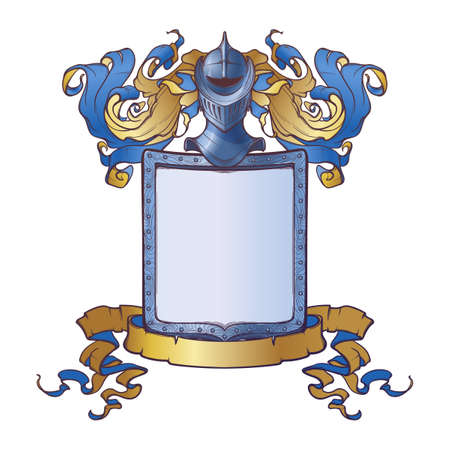 Traditional European coat of arms template. Shield, helmet and mantling. Element for design coat of arms, logo, emblem and tattoo. Color linear drawing isolated on white background. EPS10 vectorのイラスト素材