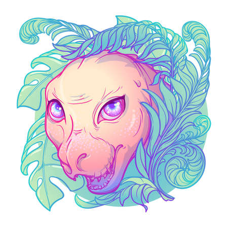 Baby Tirannosaurus rex head in a tropical lush. Cute animal drawing. EPS10 vector illustrationのイラスト素材