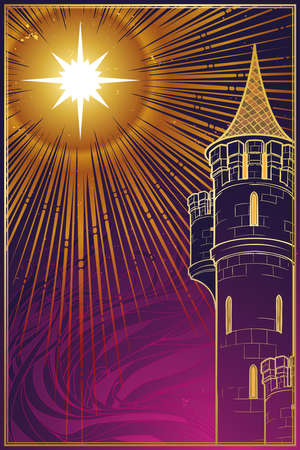 Tower of the Evening star. Fantasy concept drawing. Fantasy background, textile print or greeting card. Vertical orientation. EPS10 vector illustrationのイラスト素材