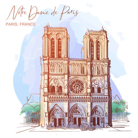 Notre Dame de Paris cathedral beautiful facade. Paris, France. Linear sketch on a watercolor textured background. Vintage design. Travel sketchbook drawing. EPS10 vector illustrationのイラスト素材
