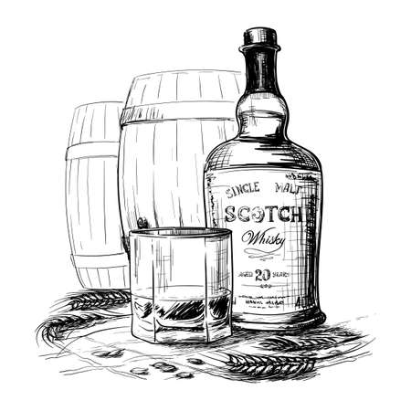 Scotch whiskey bottle, glass and casks with some barley ears and grains. Black and white ink style drawing isolated on white background. EPS10 vector illustration.のイラスト素材