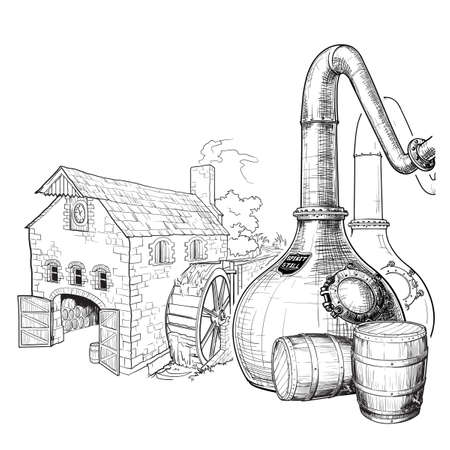 Whiskey from grain to bottle. A Swan necked copper Stills, oak casks used for aging and a watermill on a background. Black and white ink style drawing isolated on white background. EPS10 vector.のイラスト素材