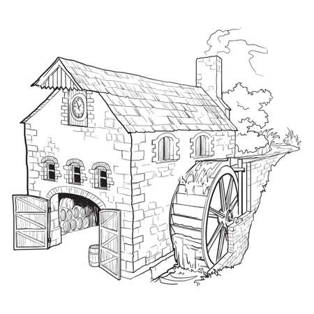 Whiskey making process from grain to bottle. A watermill. Black and white ink style drawing isolated on white background. EPS10 vector illustration.のイラスト素材