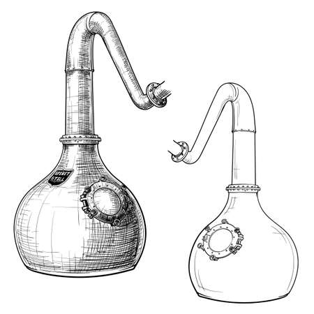 Whiskey making process from grain to bottle. A Swan necked copper Stills. Black and white ink style drawing isolated on white background. EPS10 vector illustration.のイラスト素材
