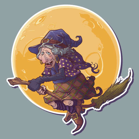 Halloween witch riding the broom Yellow moon on a background. Comic style intricate hand drawing. Halloween sticker. EPS10 vector illustration.のイラスト素材