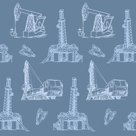 Oil and Gas industry. Stationary and mobile exploration drilling rigs. Seampless pattern.のイラスト素材