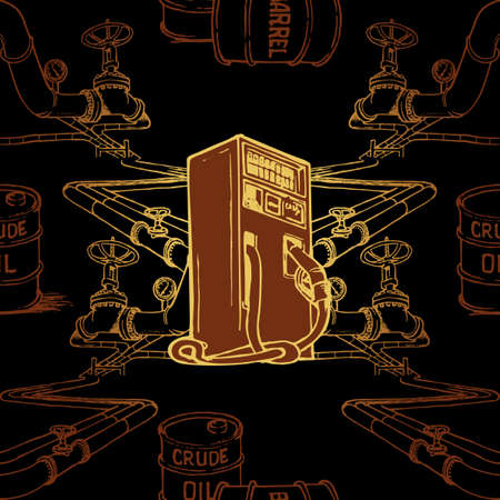 Oil and gas transportation. Pipeline transportatopn and retail. Gold on black. Seamless pattern.