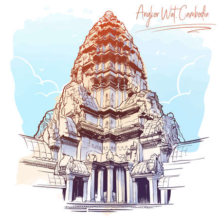 Centerpiece of the Angkor Wat temple complex in Cambodia representing the sacred Mount Meru of the Hindu religion. Painted sketch. Vintage design. Travel sketchbook drawing.のイラスト素材