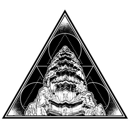 Centerpiece of the Angkor Wat temple complex in Cambodia representing the sacred Mount Meru of the Hindu religion. Triangle shape black and white logo isolated on white background. EPS10 vectorのイラスト素材