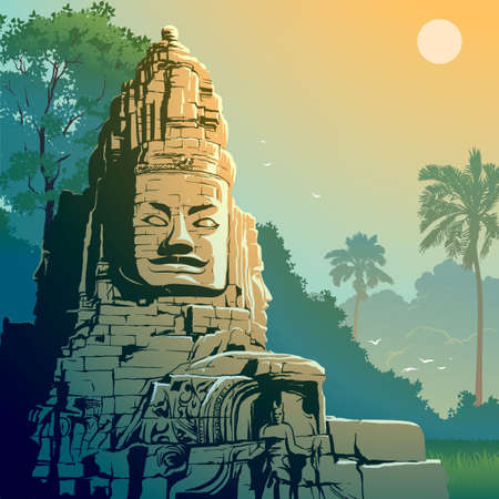 Buddha Temple in Angkor Wat, Cambodia. Vintage travel background. 50-s style. EPS10 vector illustrationのイラスト素材