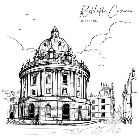 Radcliffe Camera. Westminster, London, UK. Excellent example of the Palladian architecture. Vintage design. Linear sketch isolated on white background. EPS10 vector illustrationのイラスト素材