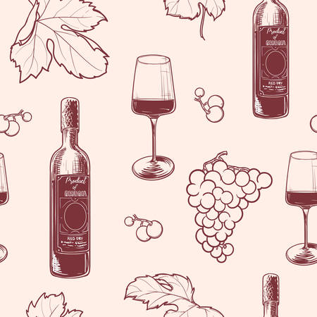 Georgian wine culture seamless pattern. Wine bottle and glass, grapevine leaves and berries clasters.  vector illustrationのイラスト素材