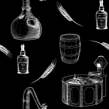 Whiskey making process from grain to bottle. Pieces  equipment. Seamless pattern. White line sketch  on black background.  vector illustration.のイラスト素材