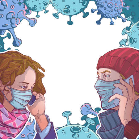 Young European couple wearing medical protection face masks and speaking on the phone. Social distancing as a protection against covid-19.のイラスト素材
