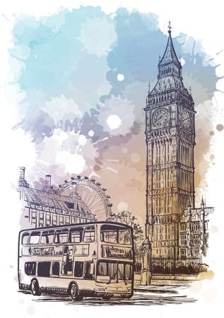 Parliament square, Westminster, London, UK. Vintage design. Linear sketch on a watercolor textured background.のイラスト素材