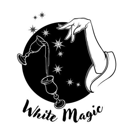 White Magic. Hand performing magical gestures and levitating glasses. Black and white drawing isolated on black background. EPS10 vector illustration.のイラスト素材