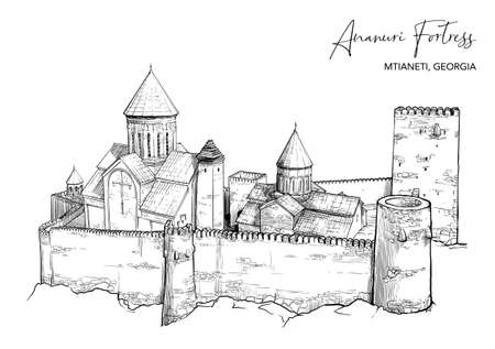 Ananuri fortress in Mtskheta-Mtianeti region in Georgia. Black line drawing isolated on white background.のイラスト素材