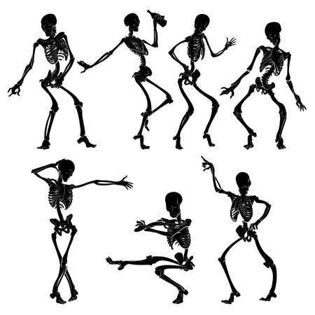 Silhouettes of dancing skeletons. Halloween character design. Black and white line drawing isolated on white background. EPS10 Vector illustration.のイラスト素材