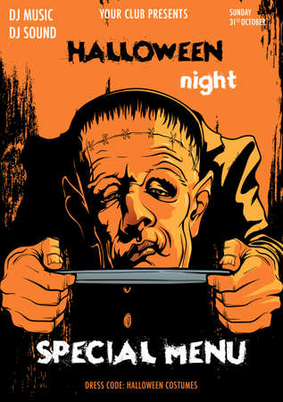 Frankenstein Monster serving his head on a tray. Black and orange Halloween party flyer template. A4 format.のイラスト素材
