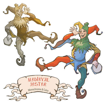 Jester or royal fool dances balancing on one foot making faces and playing tamburine. Medieval gothic style character. Color and monochrome drawing isolated on white background. Vector illustrationのイラスト素材