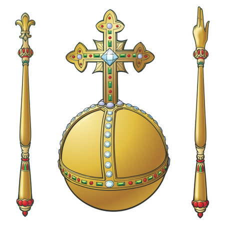 Sceptre and globus cruciger also known as orb. Sign of royal authority. Line drawing coloured and shaded isolated on white background. Vector illustrationのイラスト素材