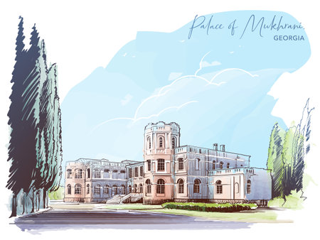 Palace of Mukhrani. Country mansion near Mukhrani village, Georgia. Sketch for a Postcard or Travel Blog. Line drawing painted and isolated on white background. vector illustrationのイラスト素材