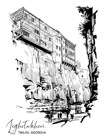 Leghvtakhevi gorge near Botanical Garden, Tbilisi, Georgia. Urban life sketch for a Postcard or Travel Blog. Black Line drawing isolated on white background. EPS10 vector illustrationのイラスト素材