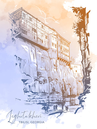 Leghvtakhevi gorge near Botanical Garden, Tbilisi, Georgia. Urban life sketch for a Postcard or Travel Blog. Line drawing painted and isolated on white background. EPS10 vector illustrationの写真素材