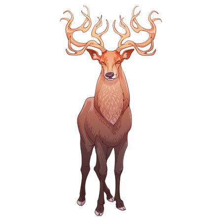 A red deer stag standing in full height, front view, magnificent antlers. Line drawing colored shaded and isolated on white background. EPS10 Vector illustrationのイラスト素材