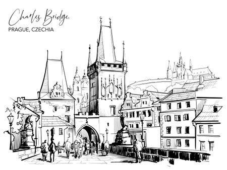 Charles Bridge city view in Prague, Czech Republic. Black line drawing isolated on white background. EPS 10 vector illustration.のイラスト素材
