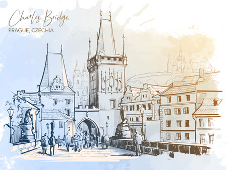 Charles Bridge city view in Prague, Czech Republic. Line drawing isolated on watercolour textured grunge background. EPS 10 vector illustration.の写真素材