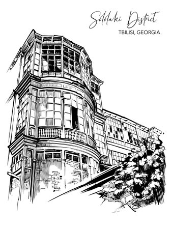 Traditional Georgian residential building with courtyard framed with glassed balconies. Tbilisi, Georgia. Black Line drawing isolated on white background. EPS10 vector illustrationのイラスト素材