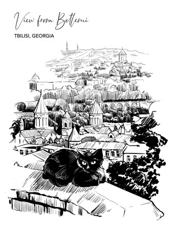 View from Betlemi Church to the city center, Tbilisi, Georgia. Cute black cat in the foreground. Urban life sketch. Black Line drawing isolated on white background. EPS10 vector illustrationのイラスト素材