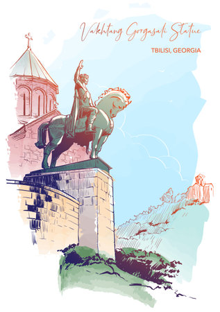 Metekhi Church and King Vakhtang Gorgasal Equisterian Statue in Tbilisi, Georgia. Line drawing watercolour painted and isolated on white background. vector illustrationのイラスト素材