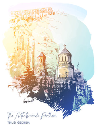 Mtatsminda Pantheon of famous artists and national heroes, Tbilisi, Georgia. Line drawing watercolour painted and isolated on white background. EPS10 vector illustrationのイラスト素材