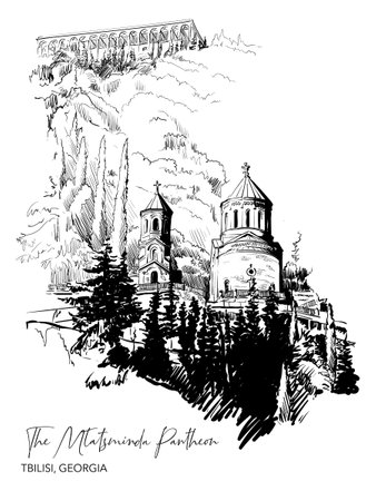 Mtatsminda Pantheon of famous artists and national heroes, Tbilisi, Georgia. Black Line drawing...